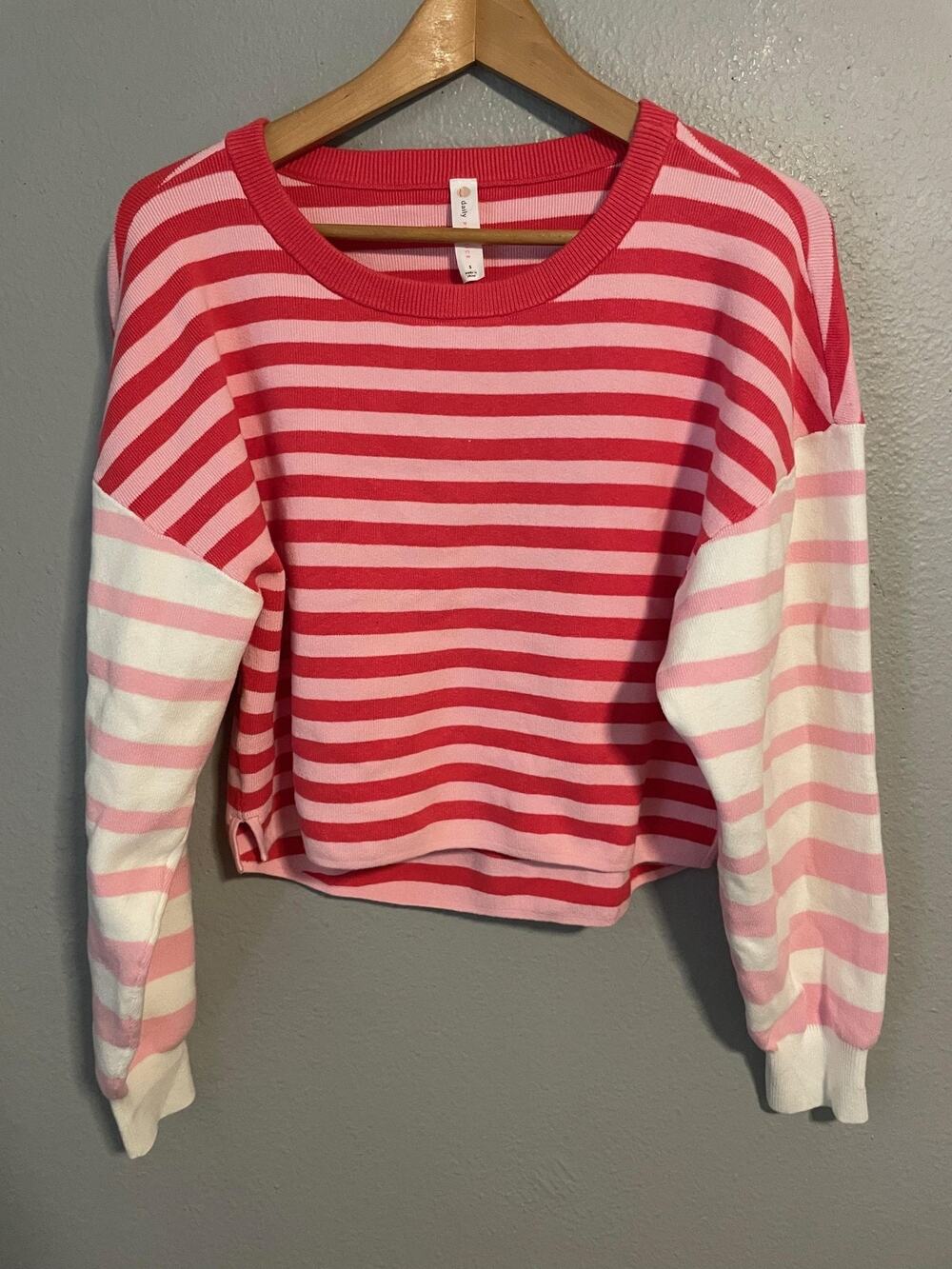 Daily Practice Sweater Womens Small Pink Striped Crew Neck Pullover Cropped